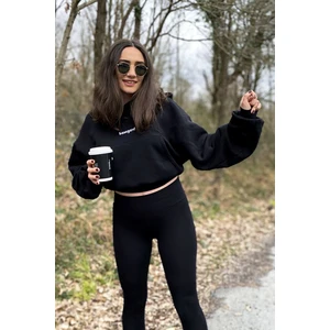 Kadın Siyah Şardonlu Oversize Basic Kapüşonlu Cep Detaylı Sweatshirt