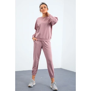 Gül Kurusu Basic Pamuklu O Yaka Oversize Lastik Paça Kadın Eşofman Takım - 95287