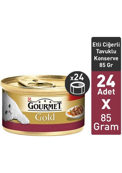 Gourmet Gold Parça Etli Soslu Tavuklu Ciğerli Yetişkin Kedi Konservesi 85 Gram x 24'lü