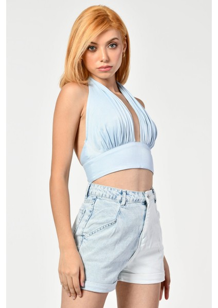 Boyundan Bağlamalı Crop Top - Mavi Mavi - 38 fırsatları