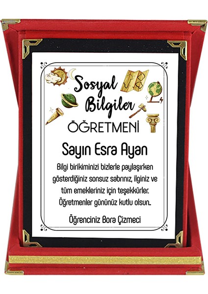 Sosyal Bilgiler Öğretmenine Hediye Isim Baskılı Plaket - Öğretmenler Günü Hediyesi