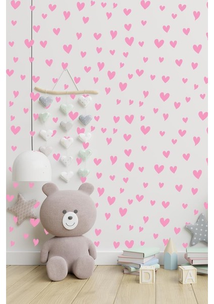 Kalp Yağmuru Duvar Sticker Bebek Çocuk Odası Dekoratif Pembe Çıkartma Sticker, 3-4-5cm 140 Adt