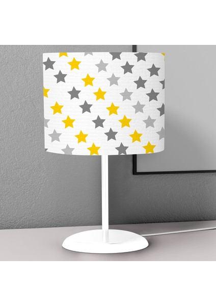 Sarı Gri Yıldız Desenli Çocuk Odası Dijital Baskılı Çocuk Odası Masaüstü Abajur Avize