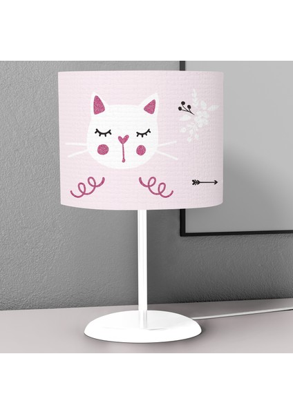 Pembe Kedi ve Çiçek Desenli Çocuk Odası Dijital Baskılı Çocuk Odası Masaüstü Abajur Avize