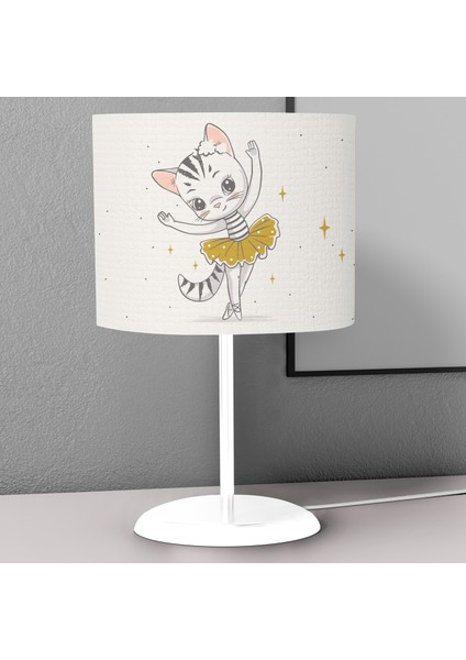 Sarı Balerin Kedi Desenli Çocuk Odası Dijital Baskılı Çocuk Odası Masaüstü Abajur Avize