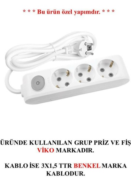 3'lü Anahtarlı Topraklı Çocuk Korumalı Grup Priz 5 Metre
