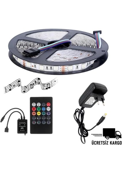 12V Rgb Şerit LED Sese ve Müziğe Duyarlı 5 Metre 5050 Smd 3çip Set (Iç Mekan)