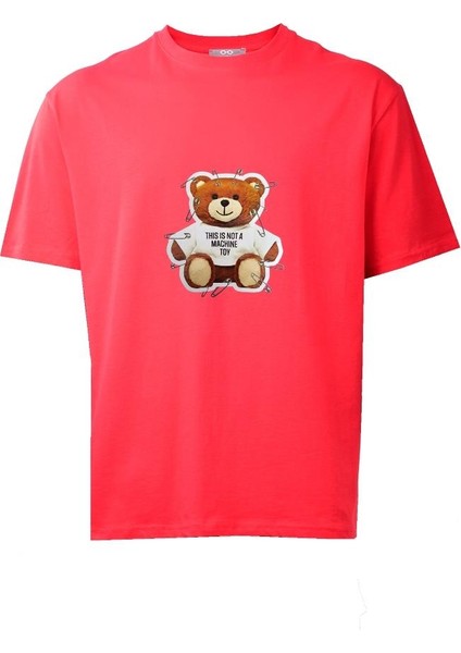 Oversize Peluş Ayıcık Tasarım Kırmızı Kadın Erkek Tişört