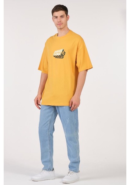 Oversize Think Tasarım Hardal Kadın Erkek Tişört