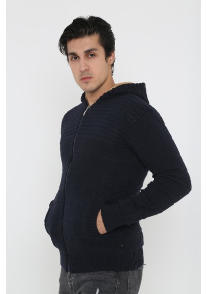 Erkek Lacivert Içi Kürklü Kapsonlu Triko Örme Hırka fiyatları
