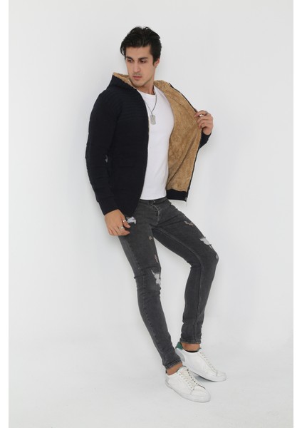 Erkek Lacivert Içi Kürklü Kapsonlu Triko Örme Hırka fırsatları