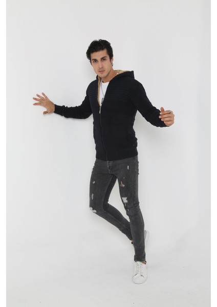 Erkek Lacivert Içi Kürklü Kapsonlu Triko Örme Hırka indirimleri