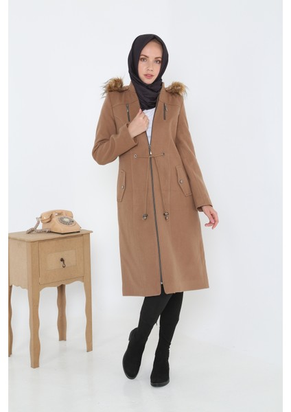 Kadın Kaşmir Kaşe Kapşonlu Kürklü Kaban Mont