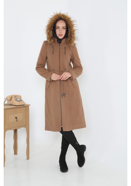 Kadın Kaşmir Kaşe Kapşonlu Kürklü Kaban Mont fiyatları