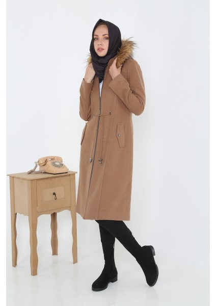 Kadın Kaşmir Kaşe Kapşonlu Kürklü Kaban Mont modelleri