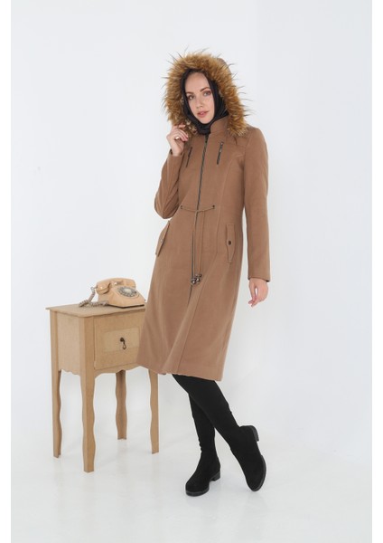 Kadın Kaşmir Kaşe Kapşonlu Kürklü Kaban Mont indirimleri