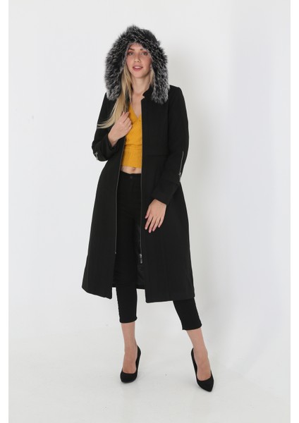 Kadın Kaşmir Kaşe Kapşonlu Kürklü Kaban Mont