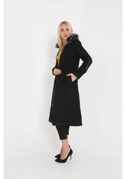 Kadın Kaşmir Kaşe Kapşonlu Kürklü Kaban Mont modelleri