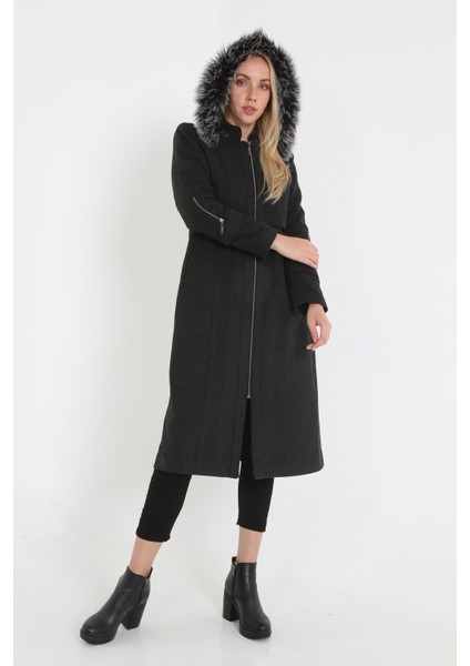 Kadın Kaşmir Kaşe Kapşonlu Kürklü Kaban Mont