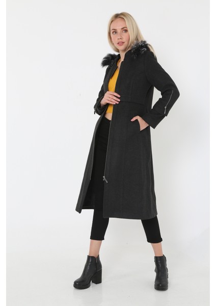 Kadın Kaşmir Kaşe Kapşonlu Kürklü Kaban Mont modelleri