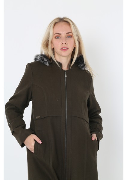 Kadın Kaşmir Kaşe Kapşonlu Kürklü Kaban Mont