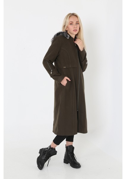 Kadın Kaşmir Kaşe Kapşonlu Kürklü Kaban Mont modelleri