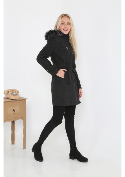 Kadın Kısa Kaşmir Kaşe Kapşonlu Kürklü Kaban Mont fırsatları