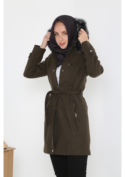 Kadın Kısa Kaşmir Kaşe Kapşonlu Kürklü Kaban Mont