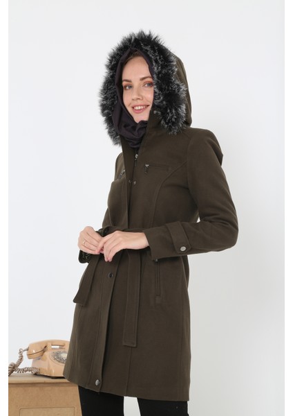 Kadın Kısa Kaşmir Kaşe Kapşonlu Kürklü Kaban Mont fırsatları