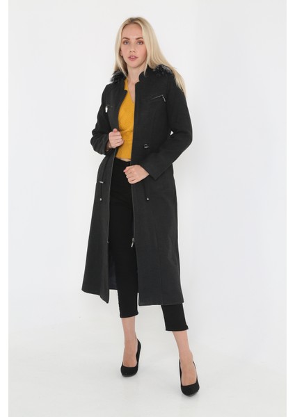 Kadın Kaşmir Kaşe Kapşonlu Kürklü Kaban Mont