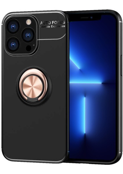 Apple iPhone 13 Pro Max Kılıf Renkli Yüzüklü Manyetik Silikon Kapak Siyah - Rose Gold