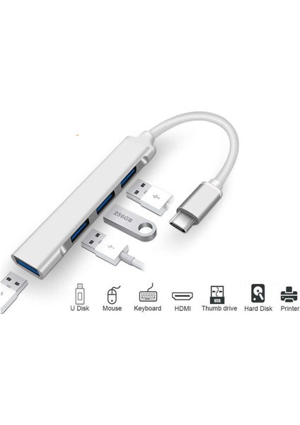 Type-C To USB 3.0 4 Port Çoklayıcı Hub Aluminyum Slim Kasa AL2584