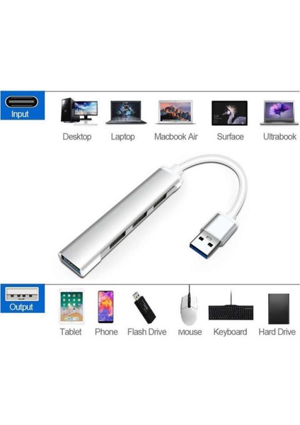 Type-C To USB 3.0 4 Port Çoklayıcı Hub Aluminyum Slim Kasa AL2584