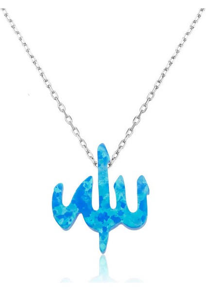 Gümüş Mavi Opal Taşlı Allah Yazılı Bayan Kolye fiyatları