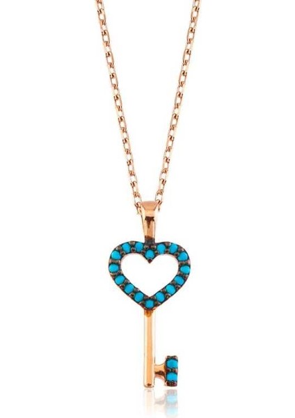 Gümüş Mavi Kalpli Anahtar Bayan Kolye