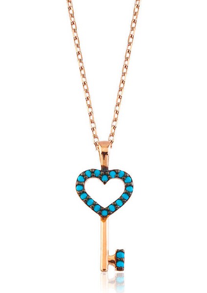 Gümüş Mavi Kalpli Anahtar Bayan Kolye modelleri