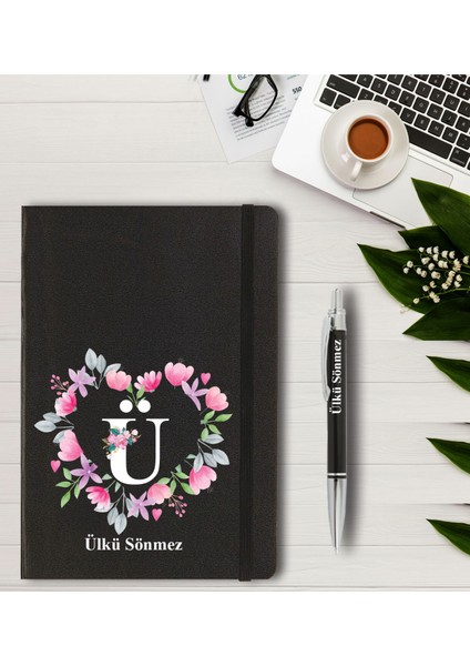 Kişiye Özel Kalp Desen Baskılı Tarihsiz Ajanda + Kalem Siyah