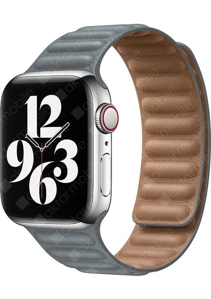 Apple Watch 7 6 Se 5 4 3 2 1 - 42 / 44 / 45 mm Uyumlu Baklalı Model Deri Kayış Mıknatıslı Kordon Gri