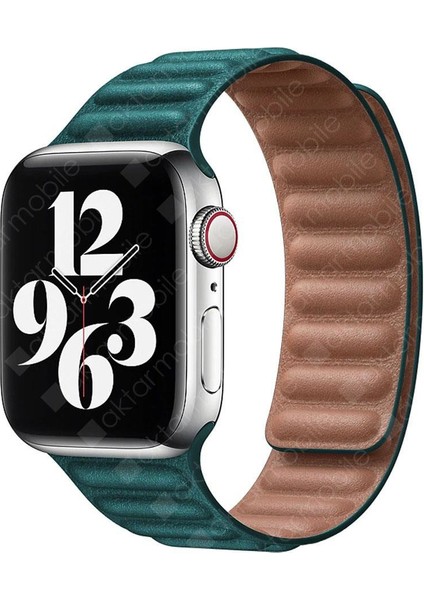 Apple Watch 7 6 Se 5 4 3 2 1 - 42 / 44 / 45 mm Uyumlu Baklalı Model Deri Kayış Mıknatıslı Kordon Petrol Mavisi