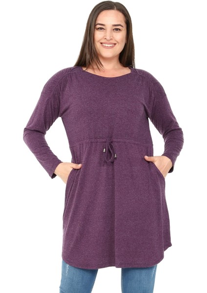 Büyük Beden Yuvarlak Yaka Detaylı Cepli Beli Ipli Yün Viskon Mürdüm Tunik Elbise