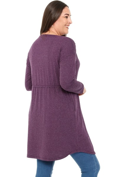 Büyük Beden Yuvarlak Yaka Detaylı Cepli Beli Ipli Yün Viskon Mürdüm Tunik Elbise modelleri