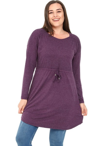 Büyük Beden Yuvarlak Yaka Detaylı Cepli Beli Ipli Yün Viskon Mürdüm Tunik Elbise fırsatları