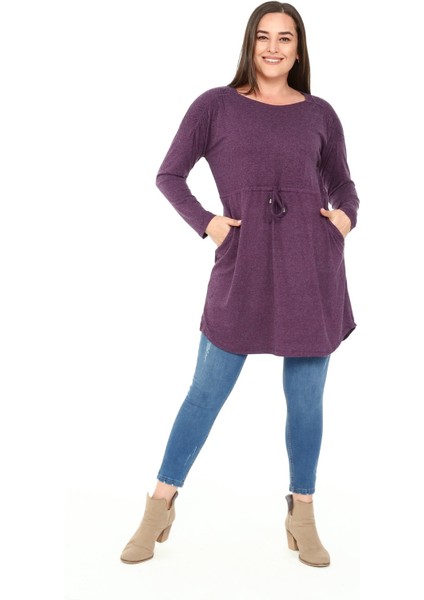 Büyük Beden Yuvarlak Yaka Detaylı Cepli Beli Ipli Yün Viskon Mürdüm Tunik Elbise indirimleri