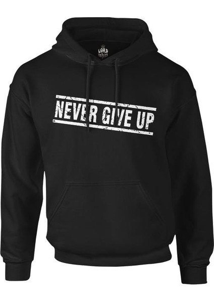 Never Give Up Siyah Erkek Fermuarsız Kapşonlu