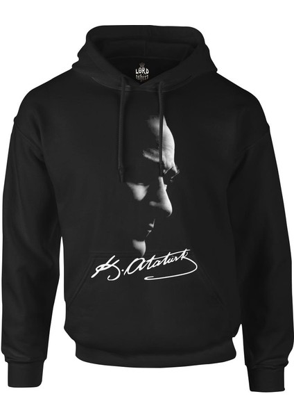 Atatürk - Atatürk Imza Siyah Erkek Fermuarsız Kapşonlu