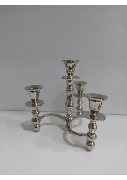 Metal Gümüş Renk Şamdan 4 Gözlü Yükseklik 20 cm Genişlik 20 cm