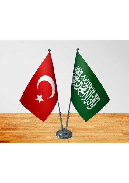 Masa Üstü Yeşil Kelimei Tevhid Bayrağı + Türk Bayrağı Ikili Krom Direk