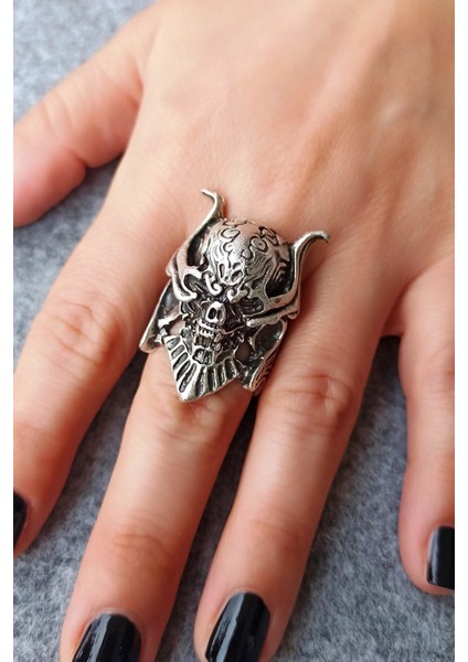 Antik Gümüş Kaplama Maskeli Kuru Kafa Şekilli El Yapımı Ayarlanabilir Yüzük