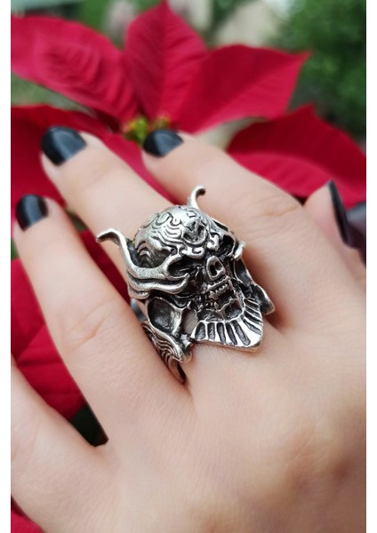 Antik Gümüş Kaplama Maskeli Kuru Kafa Şekilli El Yapımı Ayarlanabilir Yüzük modelleri
