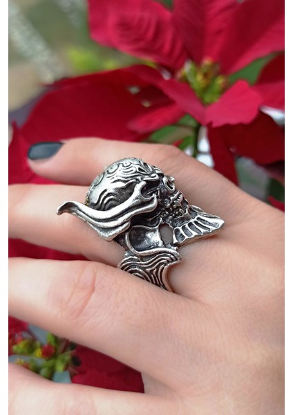 Antik Gümüş Kaplama Maskeli Kuru Kafa Şekilli El Yapımı Ayarlanabilir Yüzük fırsatları